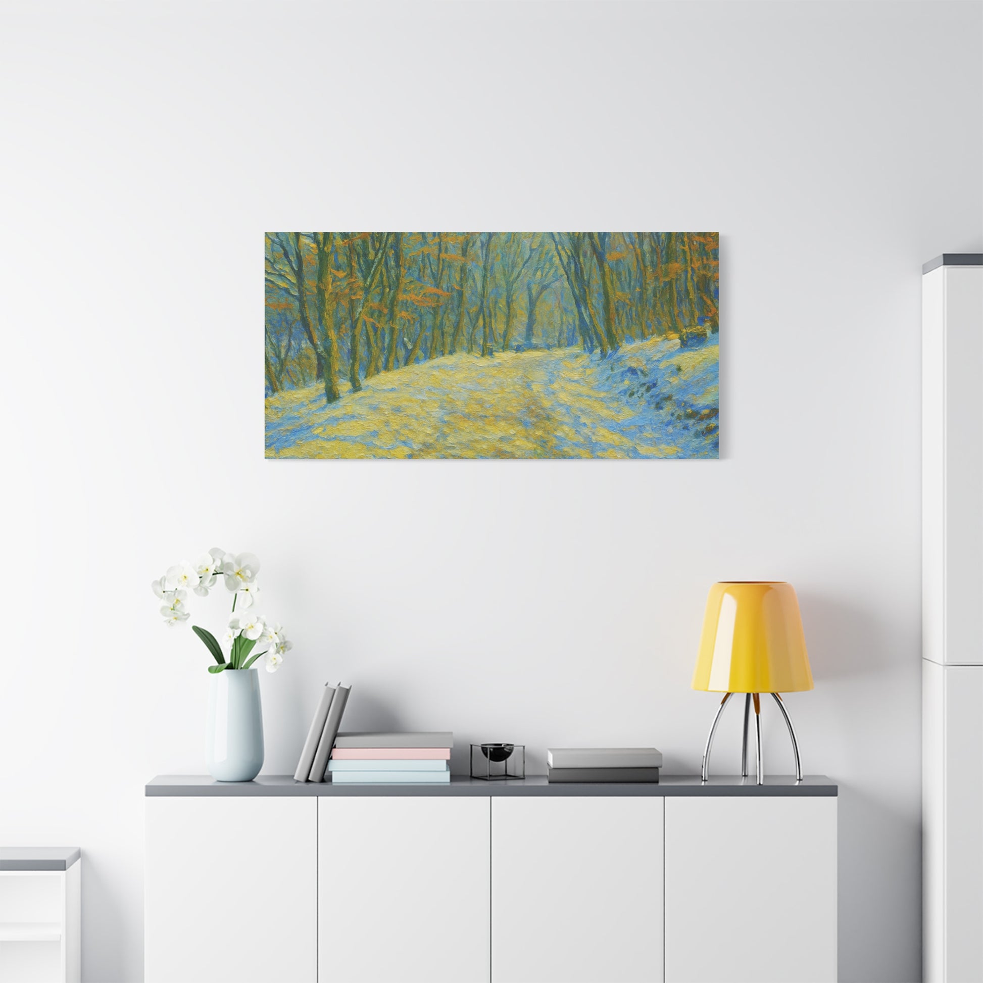 Winter landscape canvas wall art by Printify featuring a cozy nature scene, perfect for living room decoration.