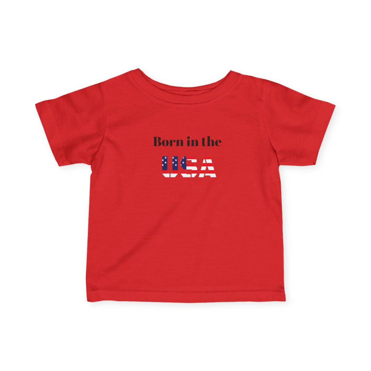 Infant baby T-shirt with "Born in the USA" patriotic print, kids clothing by Printify, featuring a colorful, casual design.