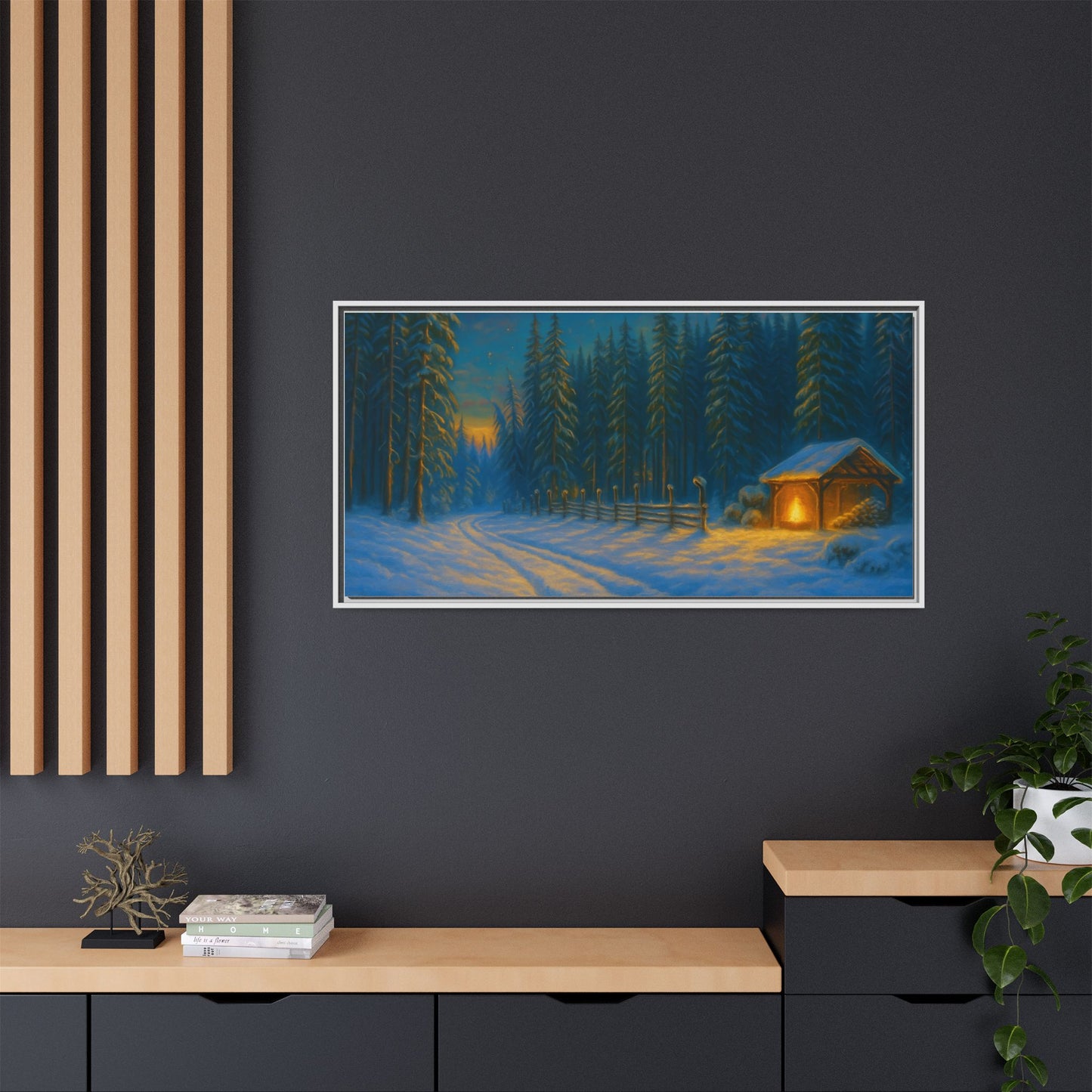 Cozy winter cabin matte framed canvas wall art featuring a snowy forest scene during evening, suitable for home decor.