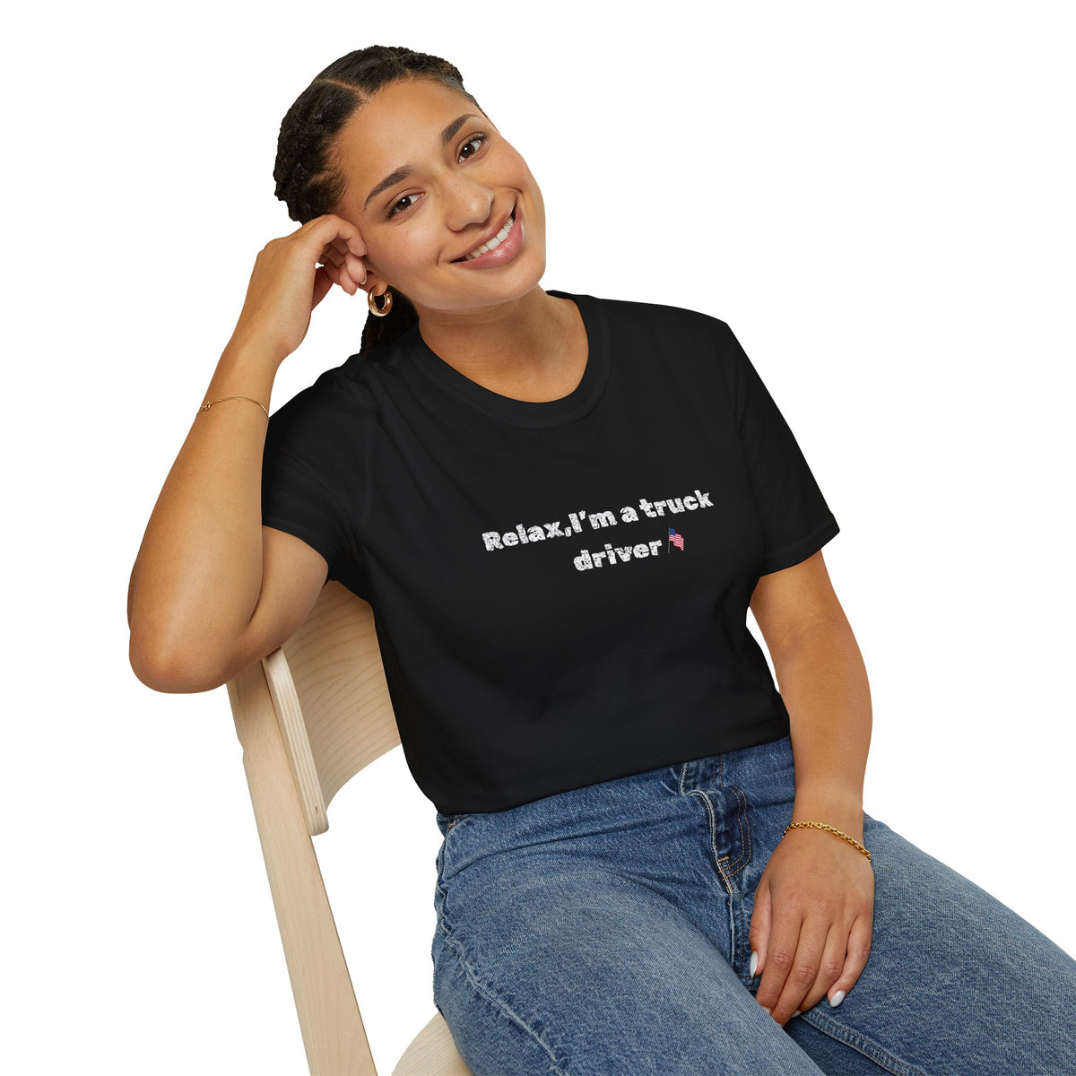 Pink heart graphic on a Relax, I'm a Truck Driver T-Shirt by Printify, featuring a humorous trucker message in casual style.