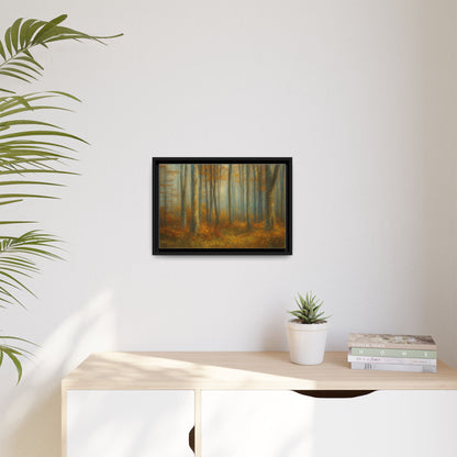 Framed autumn forest canvas print featuring misty woodland scene, wall art by Printify for natural home decor.