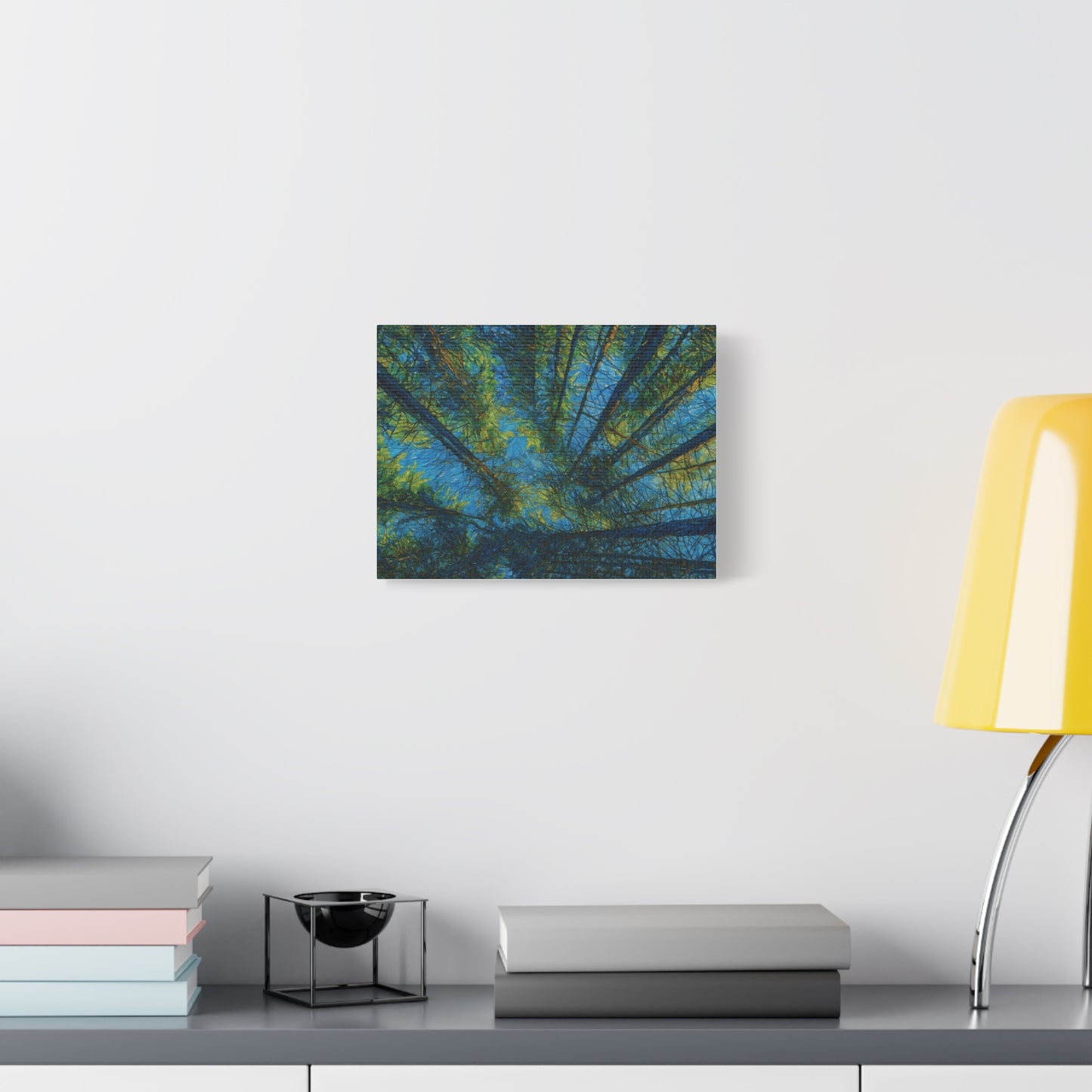 Forest Canopy Matte Canvas Wall Art — Upward View of Trees, Blue & Green Nature Print