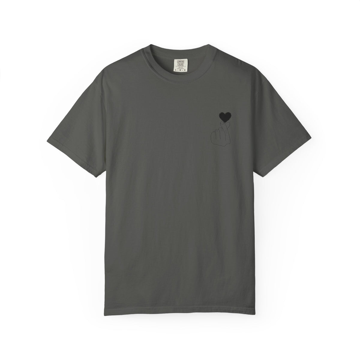Black T-shirt featuring a minimal finger heart graphic design by Printify, casual and stylish unisex apparel.