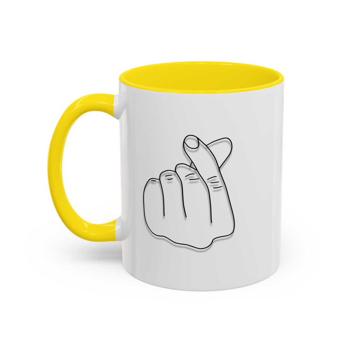 Minimal Korean finger heart accent coffee mug by Printify, 11oz or 15oz, featuring a simple design and comfortable handle.
