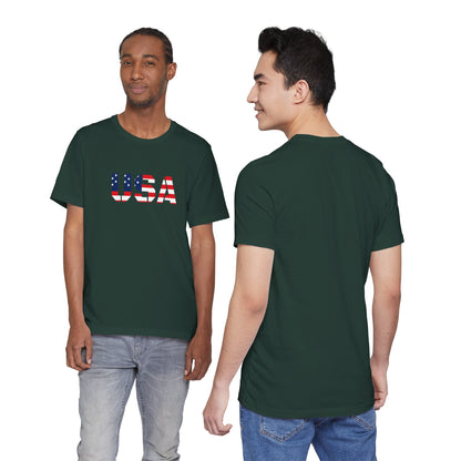 USA Flag Text T-Shirt by Printify featuring patriotic red, white, and blue colors with a bold American flag design.