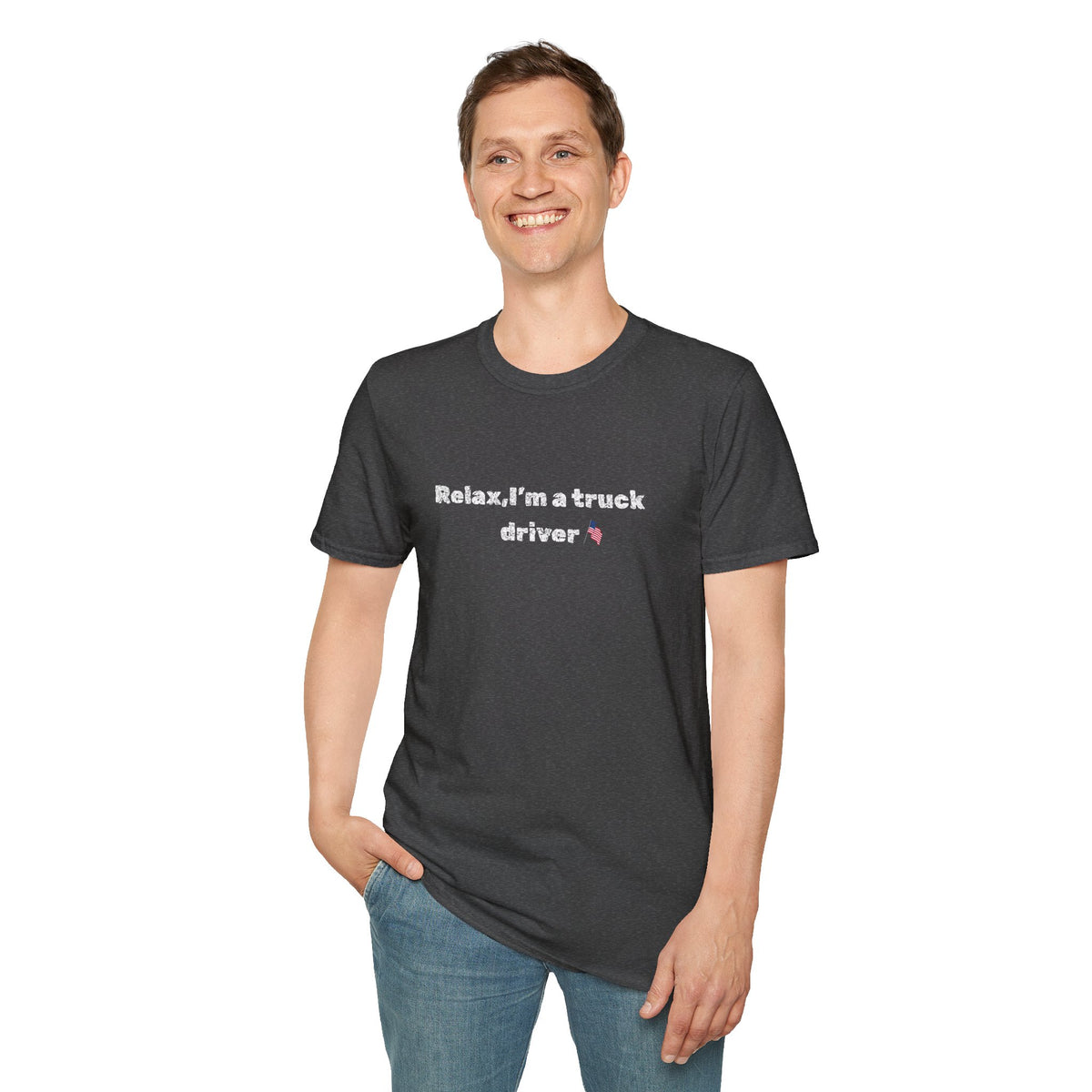 Pink heart graphic on black truck driver T-shirt with humorous "Relax, I'm a Truck Driver" print, by Printify.