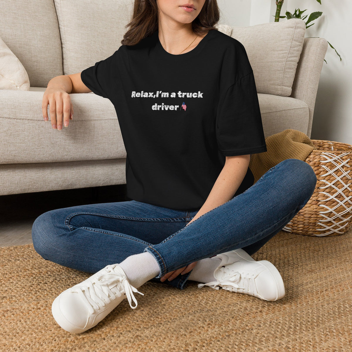 Pink heart design on a Relax, I'm a Truck Driver T-Shirt featuring playful trucker humor, made by Printify.