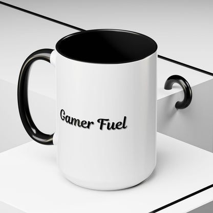 Printify Gamer Fuel coffee mug in 11oz or 15oz size featuring a bold gamer-themed design on a ceramic mug.