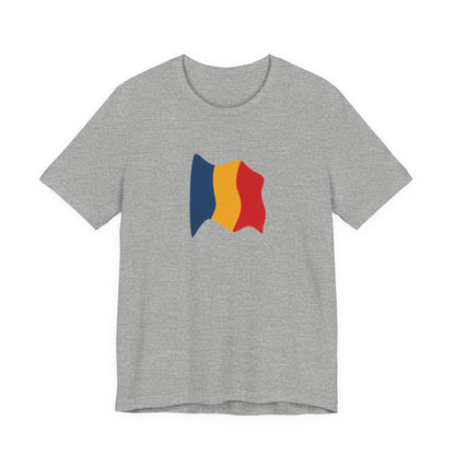 Romania flag T-shirt by Printify featuring a minimal waving tricolor design on a casual cotton tee.