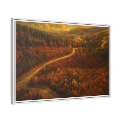Framed matte canvas print of autumn forest road landscape wall art by Printify, featuring vibrant fall trees and a scenic pathway.