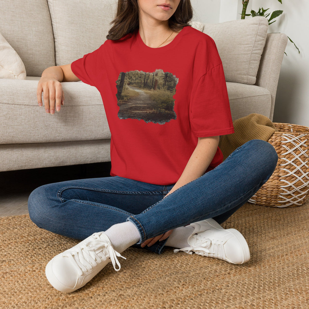 Vintage forest landscape T-shirt by Printify featuring a nature pathway scene on soft cotton fabric.