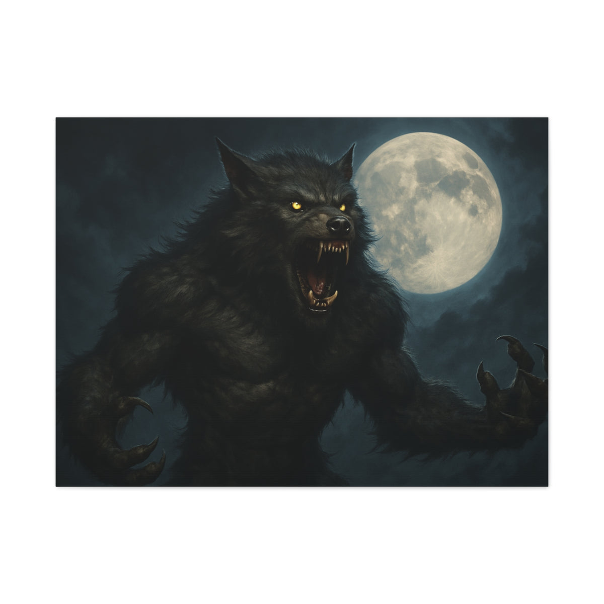 Spooky werewolf moon matte canvas print featuring a full moon and dark forest scene, wall art for Halloween or horror decor.
