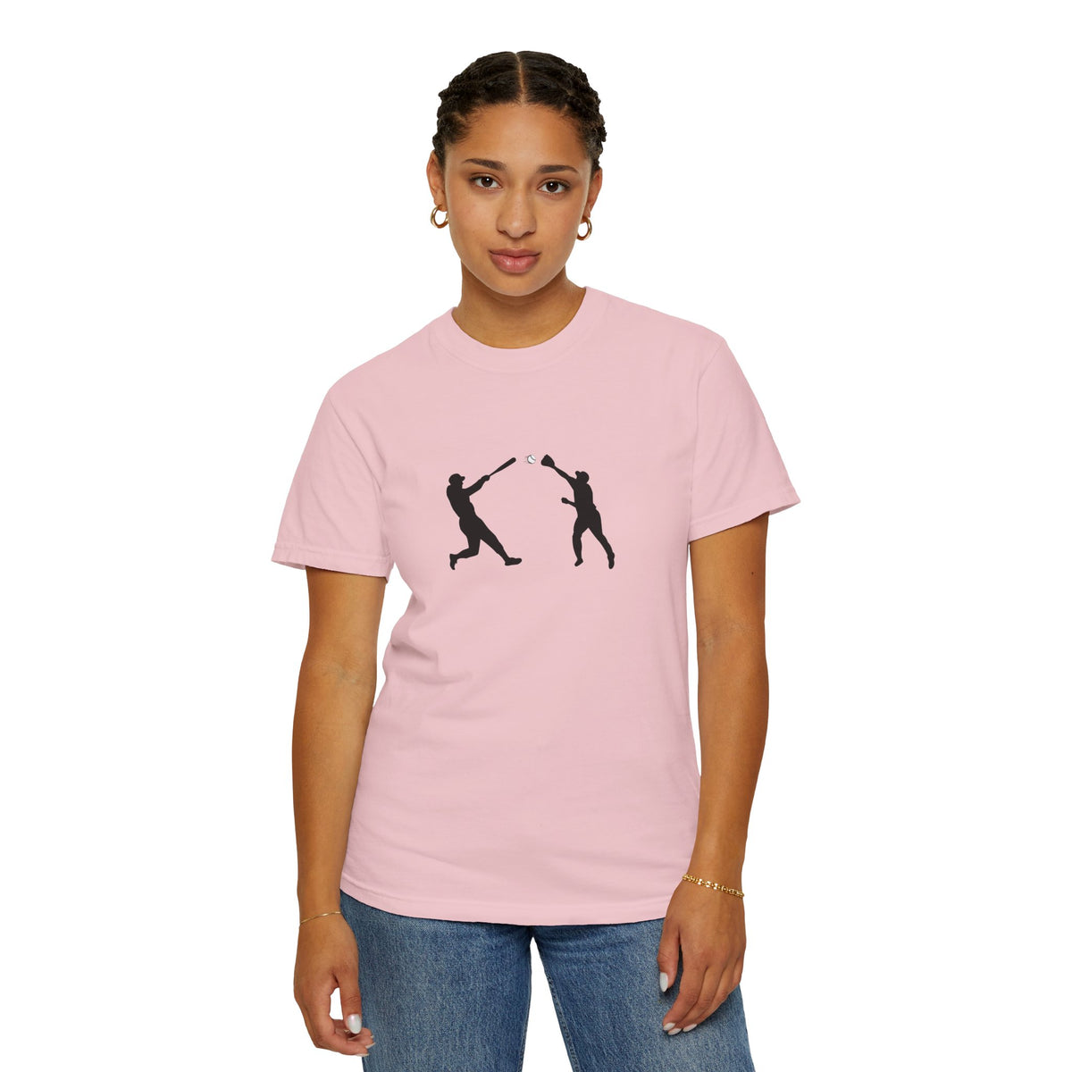 Minimal baseball players silhouette graphic T-shirt by Printify, featuring a simple baseball-themed design on a casual tee.