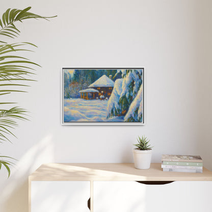 Framed matte canvas wall art featuring a snowy cabin winter landscape with trees and a peaceful winter scene.