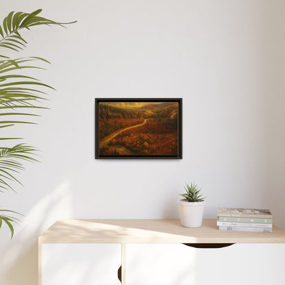Framed matte canvas print of autumn forest road landscape wall art by Printify, showcasing vibrant fall colors and scenic nature scene.