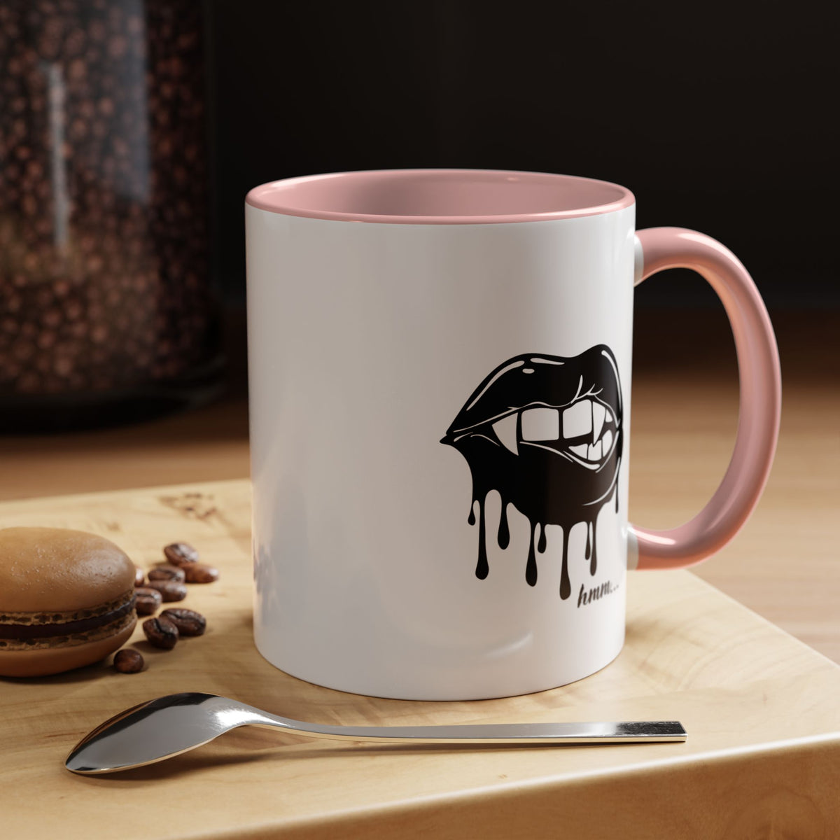 Black accent Dripping Bite coffee mug by Printify, 11oz or 15oz size, featuring a distinctive dripping bite design on ceramic surface.