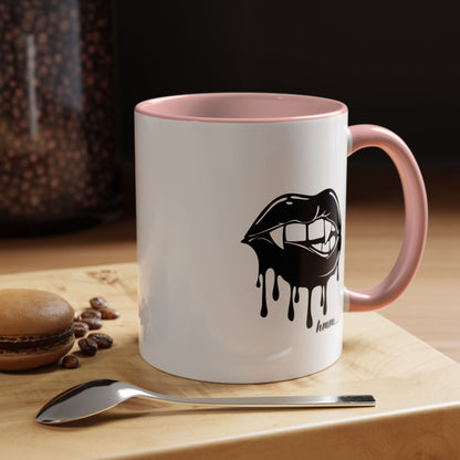 Black accent Dripping Bite coffee mug by Printify, 11oz or 15oz size, featuring a distinctive dripping bite design on ceramic surface.