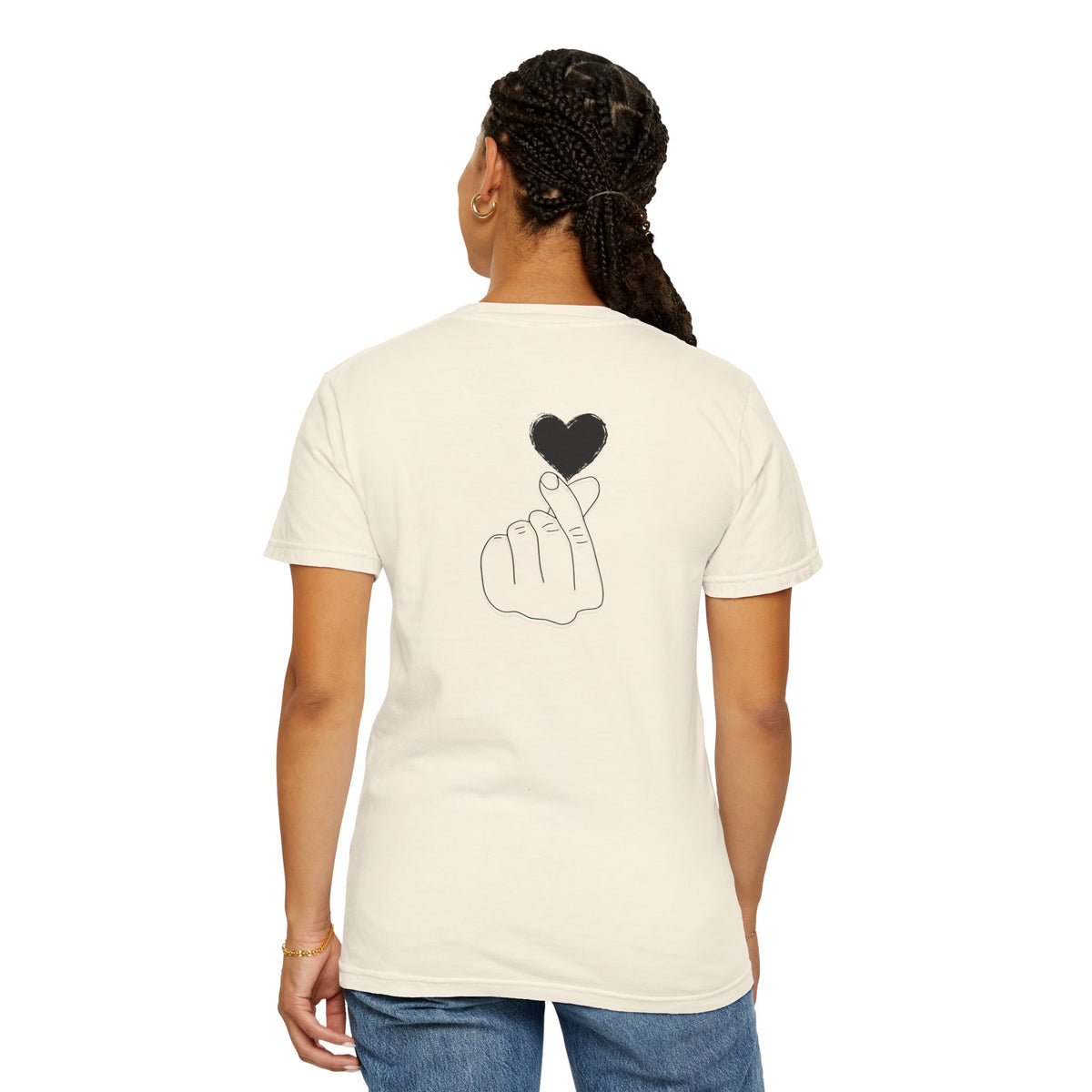 Black T-shirt featuring a minimal white finger heart graphic, designed by Printify. Casual, stylish graphic tee for everyday wear.