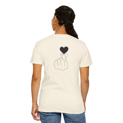 Black T-shirt featuring a minimal white finger heart graphic, designed by Printify. Casual, stylish graphic tee for everyday wear.