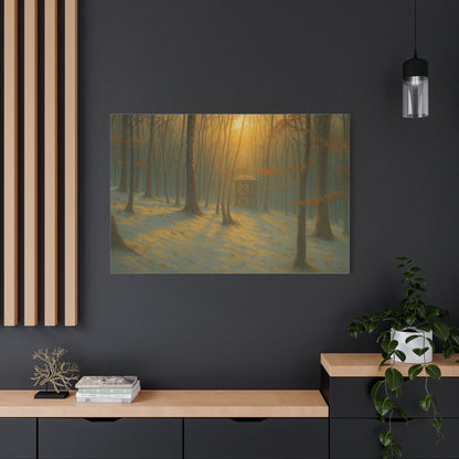 Matte stretched canvas featuring Misty Forest Sunrise art print by Printify, showcasing a serene forest scene in soft, natural tones.
