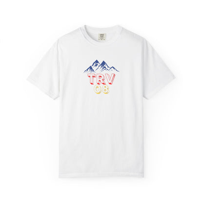 Unisex garment-dyed T-shirt with printed TRV08 logo, casual style, soft fabric, worn by a person in a relaxed pose.