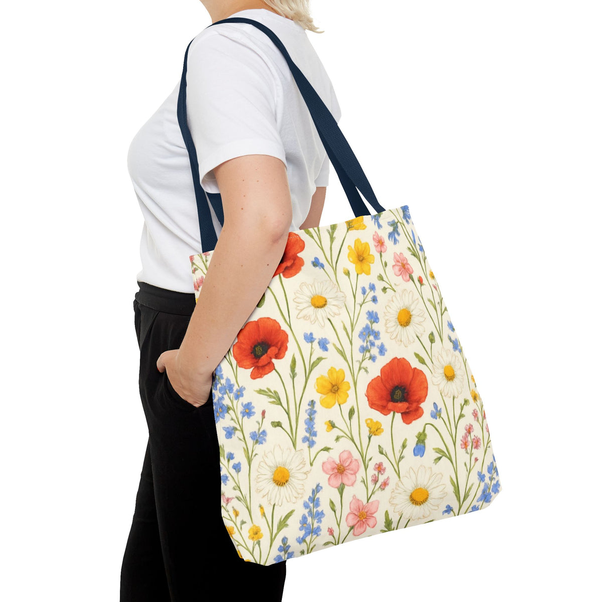 Wildflower Poppy print tote bag by Printify featuring a floral all-over pattern, shown with sturdy fabric and spacious design.