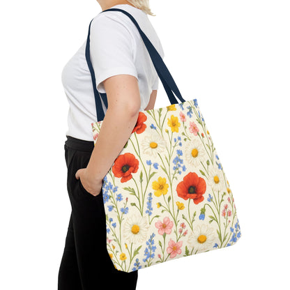 Wildflower Poppy print tote bag by Printify featuring a floral all-over pattern, shown with sturdy fabric and spacious design.