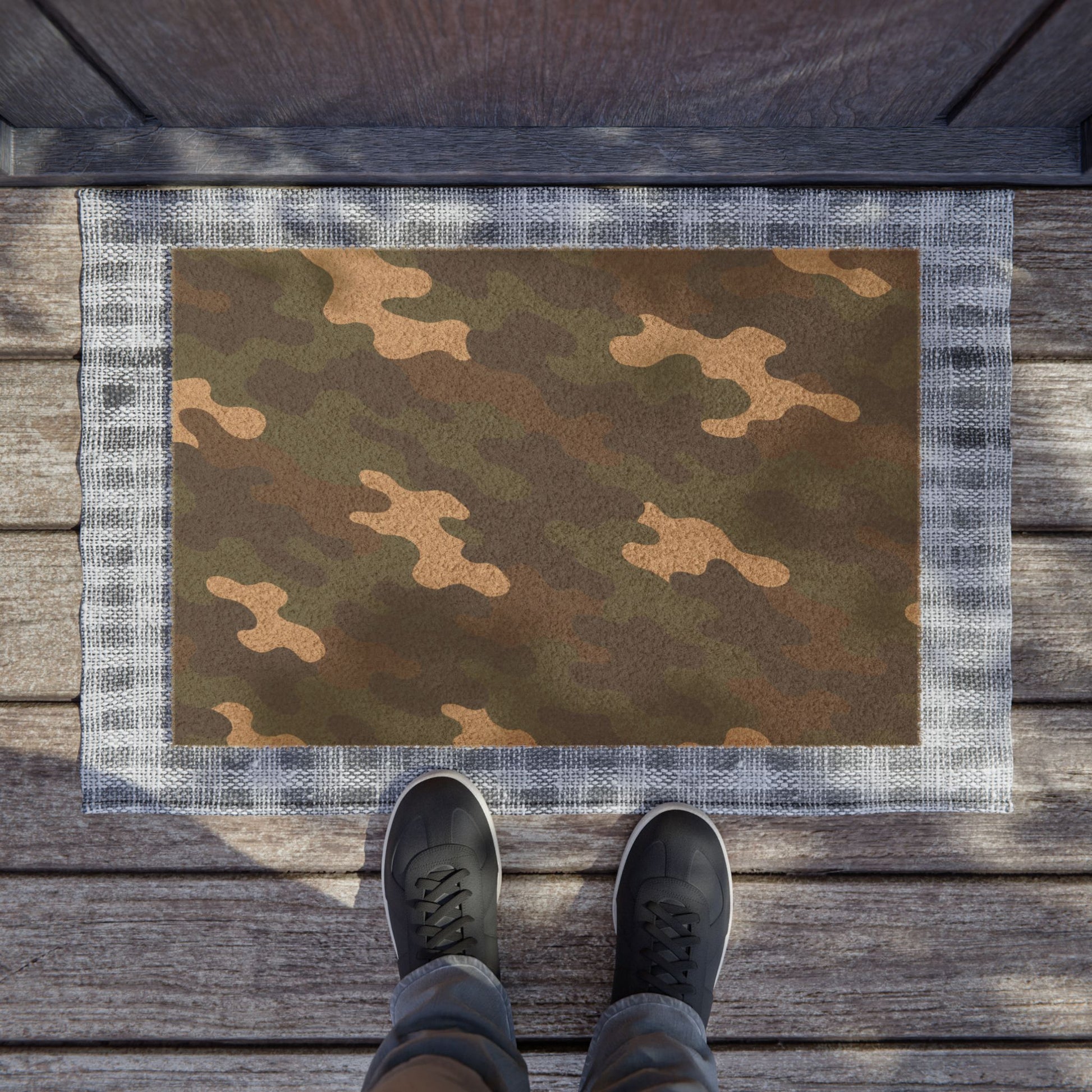 Rustic military-style camo doormat with "Welcome" message, ideal as a gift for veterans, made by Printify.