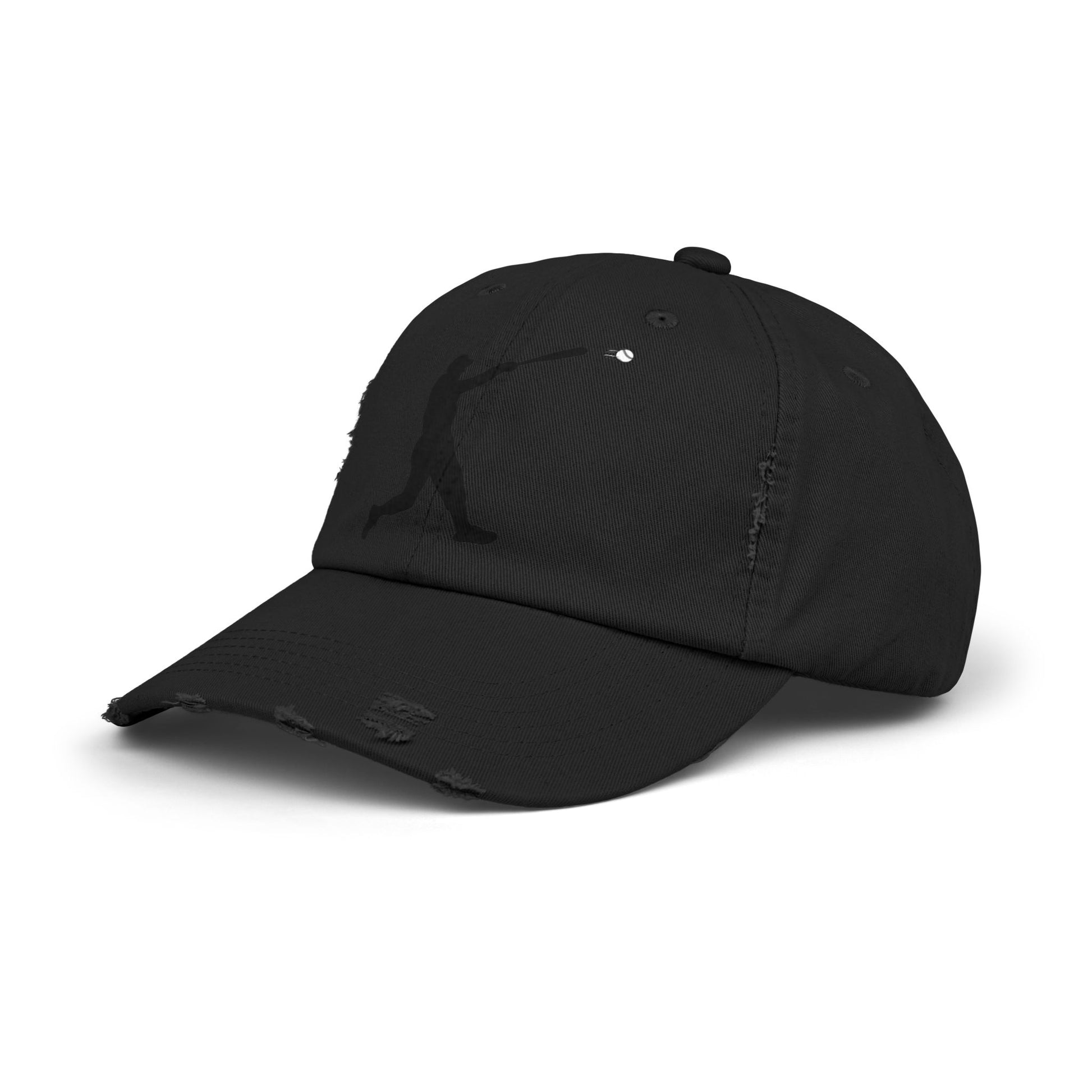 Distressed baseball cap with silhouette batter design, casual hats by Printify featuring a worn, vintage style for sports fans.