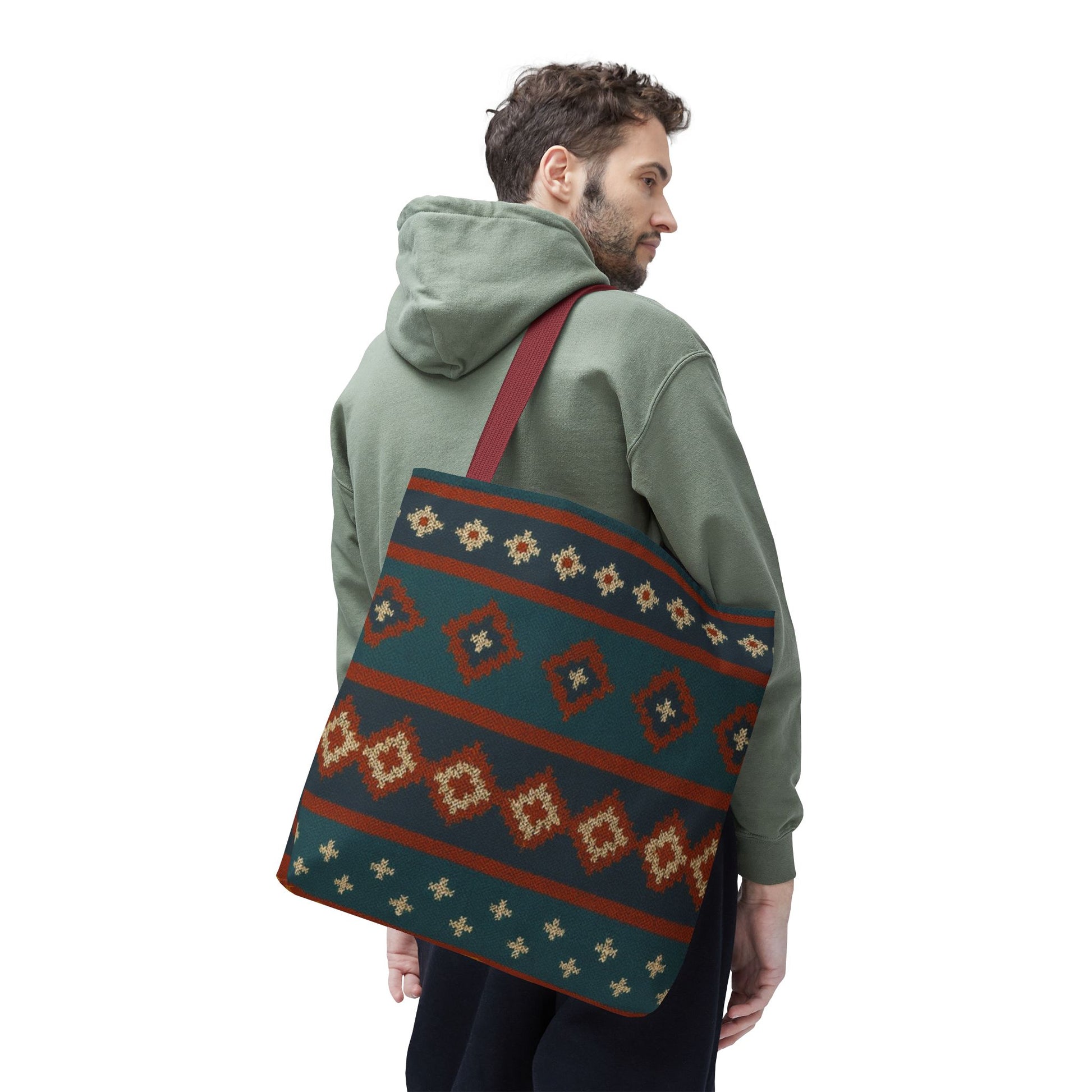 Southwestern diamond pattern tote bag with Aztec tribal geometric print, featuring sturdy handles and vibrant design.