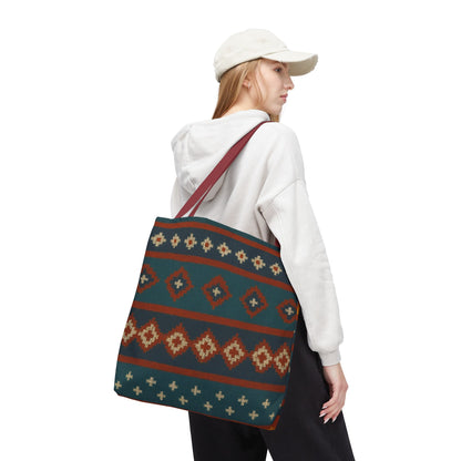 Southwestern diamond pattern tote bag with Aztec tribal geometric print, featuring sturdy handles and vibrant design.