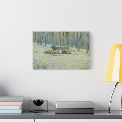 Snowy park bench in winter woodland scene printed on matte canvas, stretched 1.25 inches, wall art by Printify