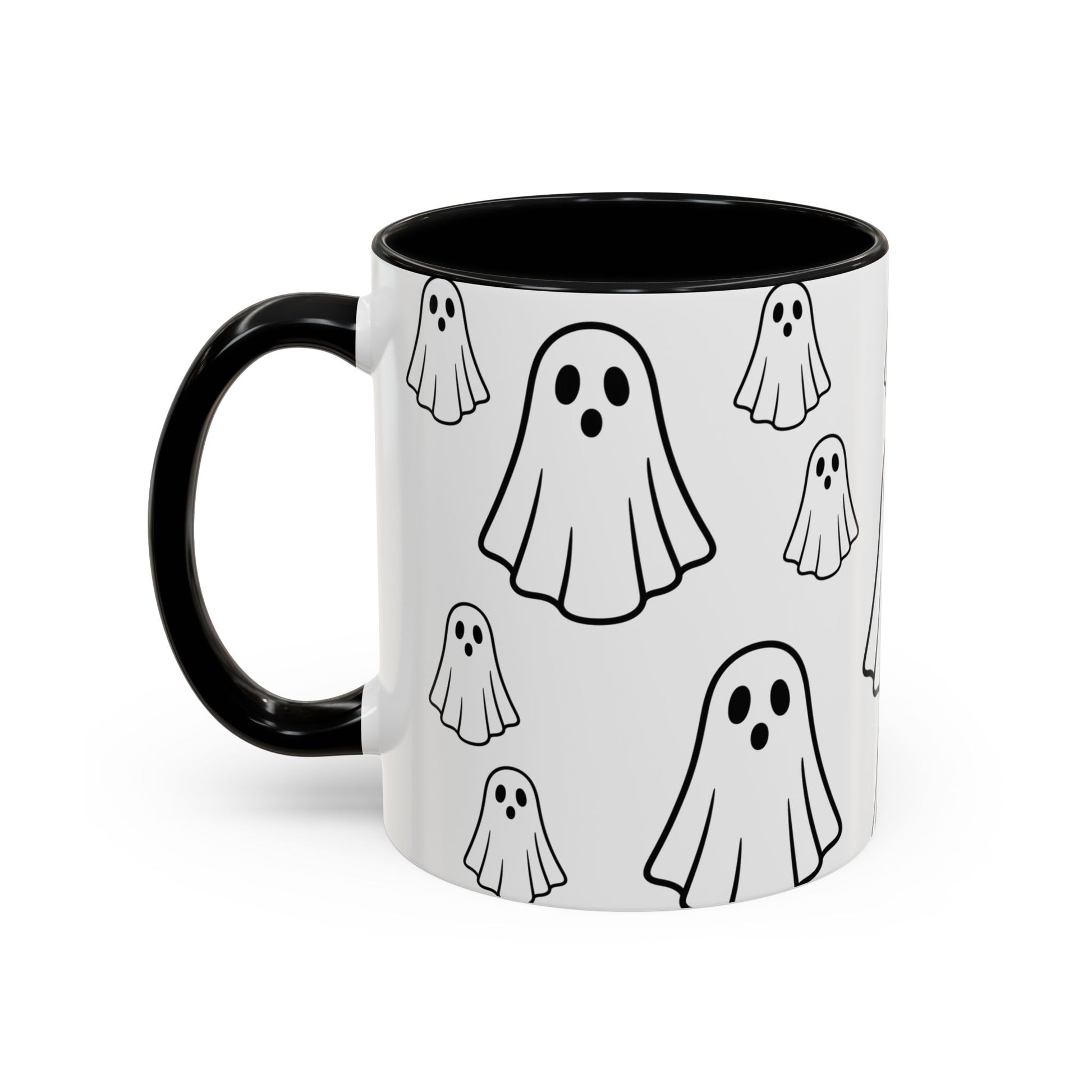 Printify ghost pattern accent coffee mug featuring a cute Halloween ceramic design in 11oz or 15oz size.