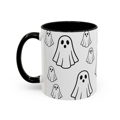 Printify ghost pattern accent coffee mug featuring a cute Halloween ceramic design in 11oz or 15oz size.
