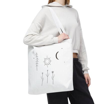 Minimal Moon and Sun botanical tote bag with celestial line art design, featuring natural plant motifs on a stylish fabric bag.