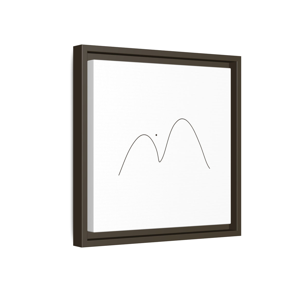Minimalist mountain line art on framed matte canvas by Printify, featuring simple black mountain outline on white background.