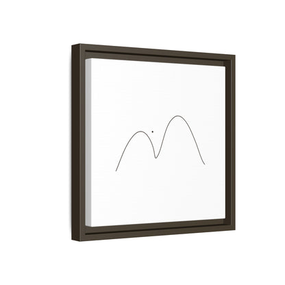 Minimalist mountain line art on framed matte canvas by Printify, featuring simple black mountain outline on white background.