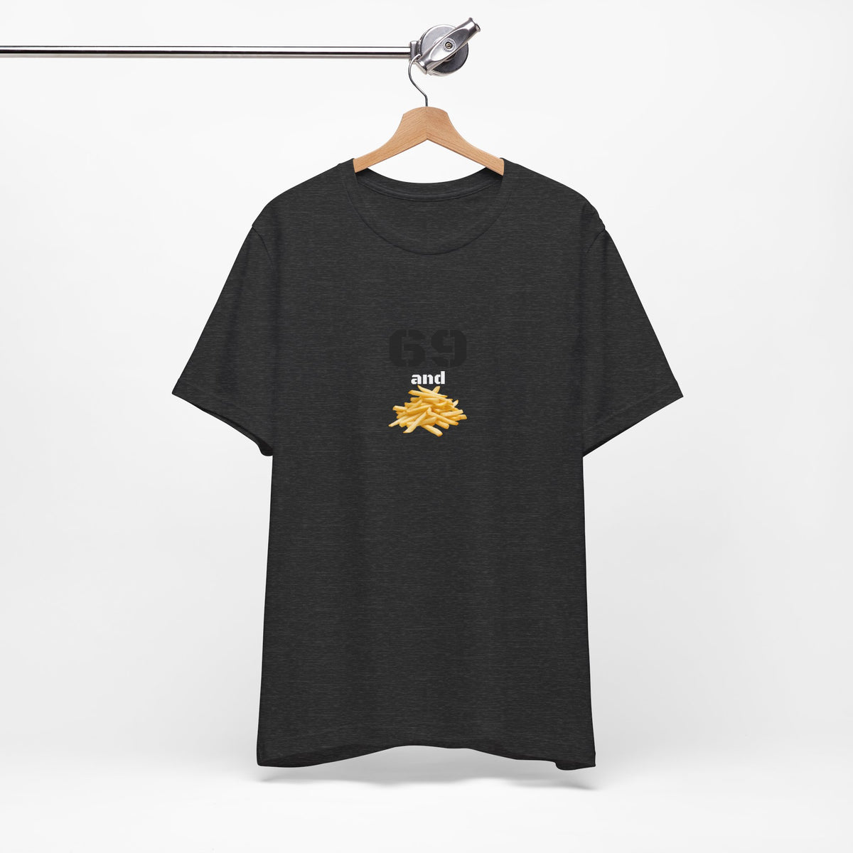 Unisex graphic T-shirt featuring a humorous "69 & French Fries" design in bold colors, made by Printify.
