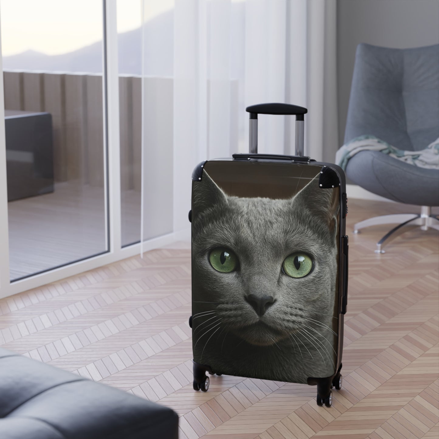Green-Eyed Cat Carry-On Suitcase — Photo Realistic Cat Face Luggage