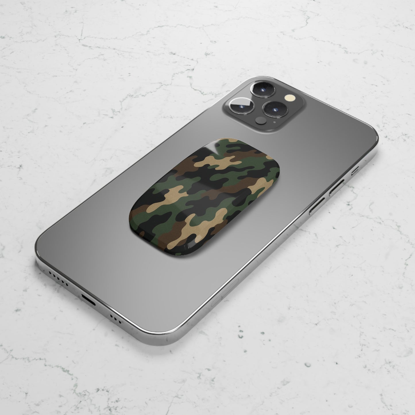 Military green camo phone grip with click-on stand and secure hold, designed as a Printify accessory for smartphones.
