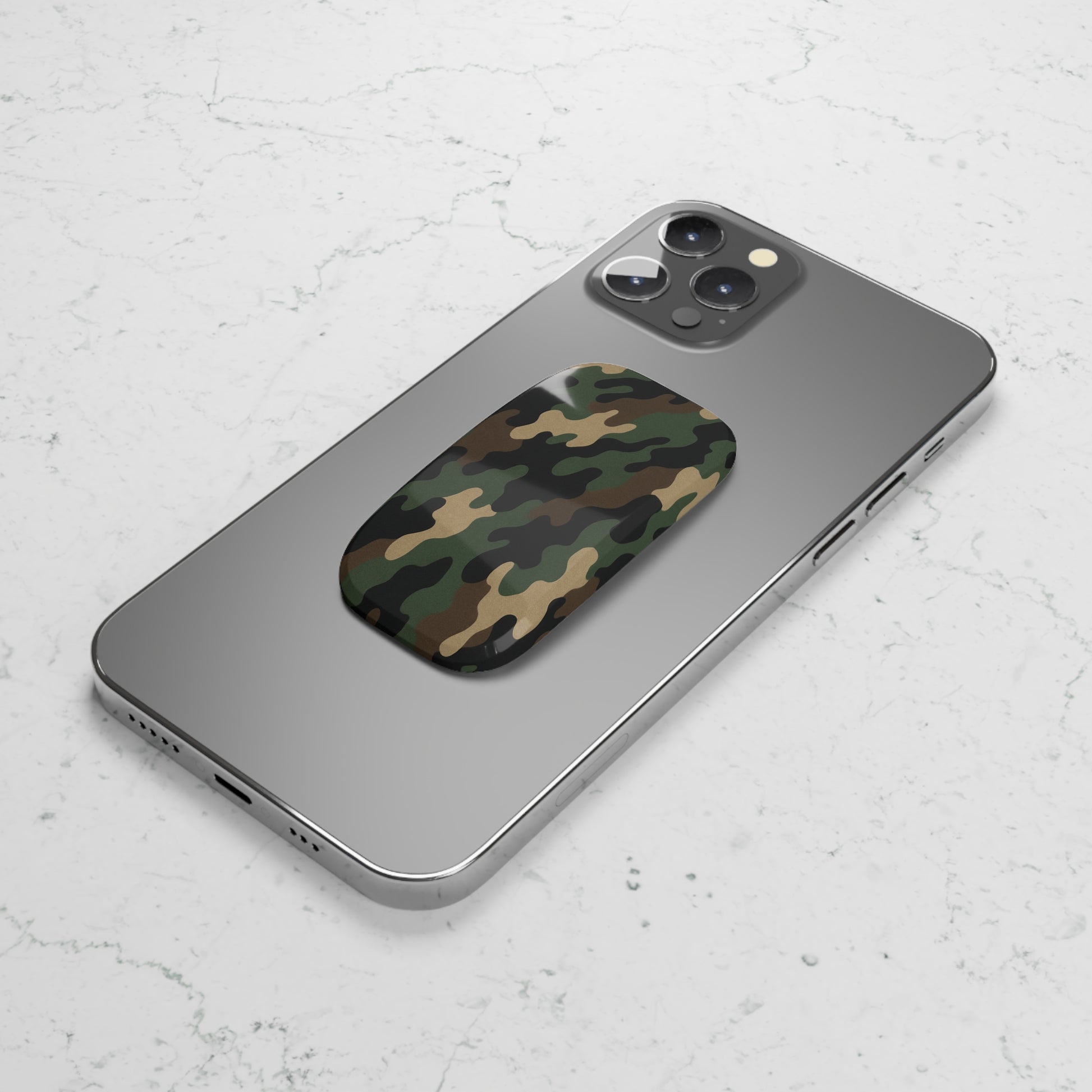 Military green camo phone grip with click-on stand and secure hold, designed as a Printify accessory for smartphones.