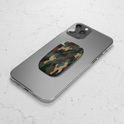 Military green camo phone grip with click-on stand and secure hold, designed as a Printify accessory for smartphones.