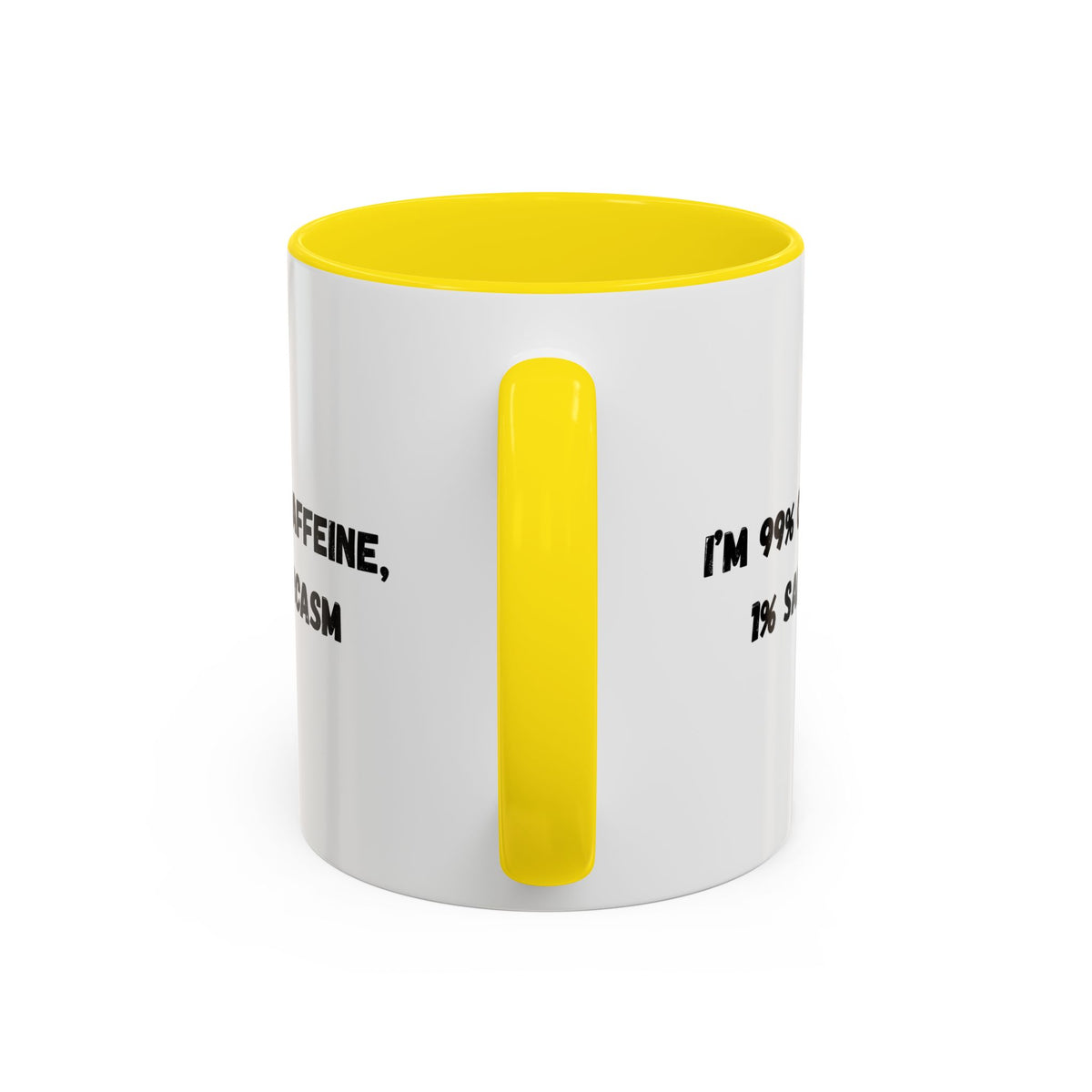 Ceramic coffee mug with "I'm 99% Caffeine, 1% Sarcasm" print, featuring a white background and black text, designed by Printify.