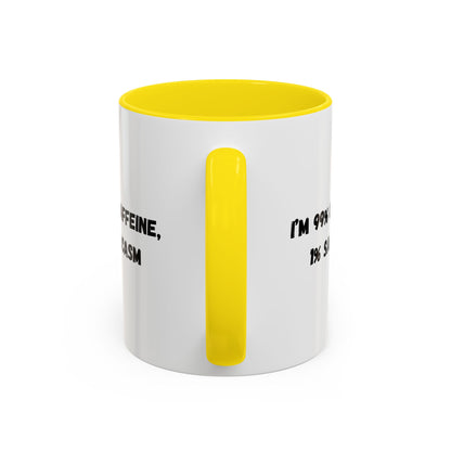 Ceramic coffee mug with "I'm 99% Caffeine, 1% Sarcasm" print, featuring a white background and black text, designed by Printify.