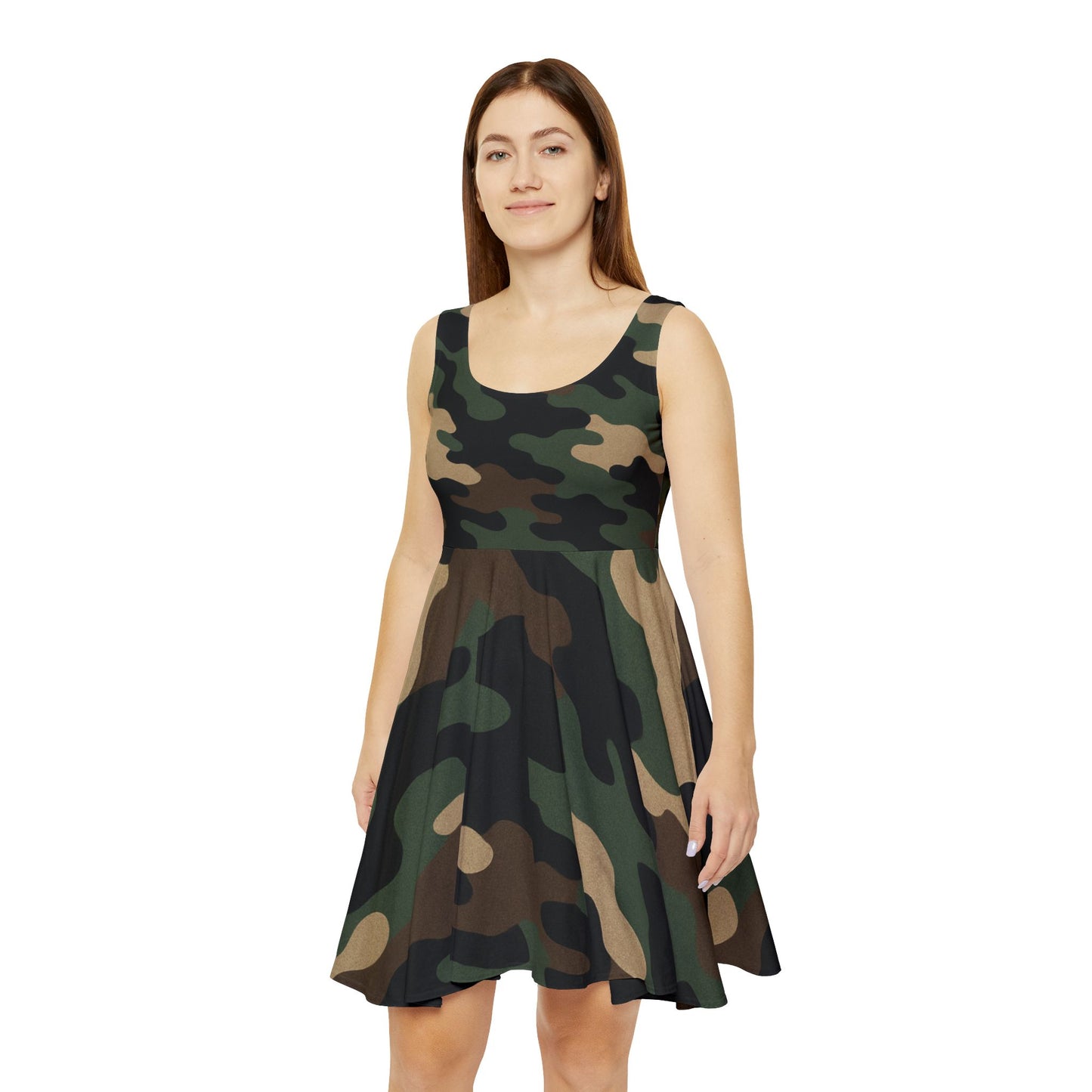 Camo skater dress for women featuring all-over print, casual summer party dress by Printify, shown on a hanger against a neutral background.