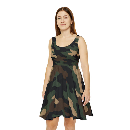 Camo skater dress for women featuring all-over print, casual summer party dress by Printify, shown on a hanger against a neutral background.