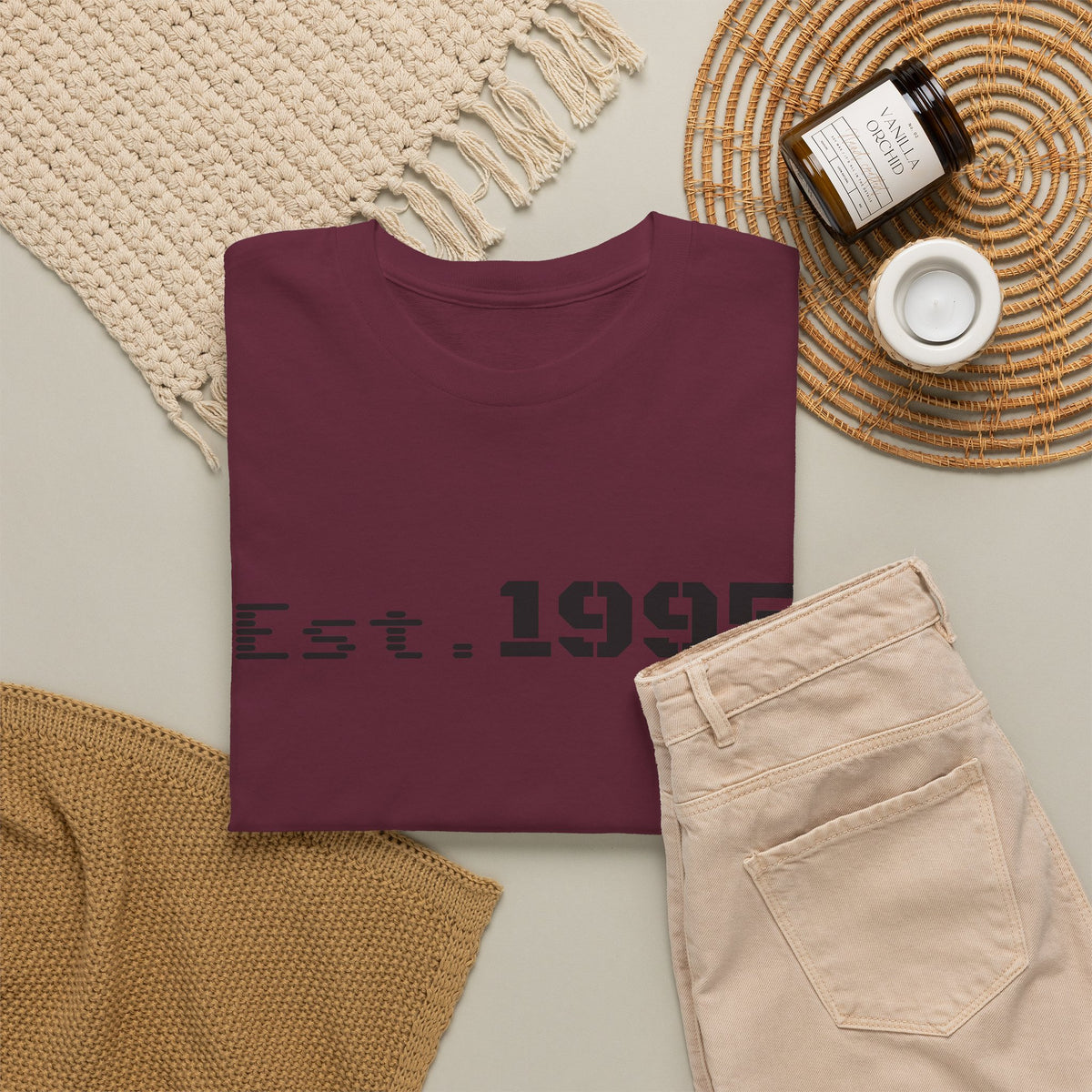 Vintage beige Est. 1995 T-shirt by Printify featuring minimalist design and birthday celebration text.
