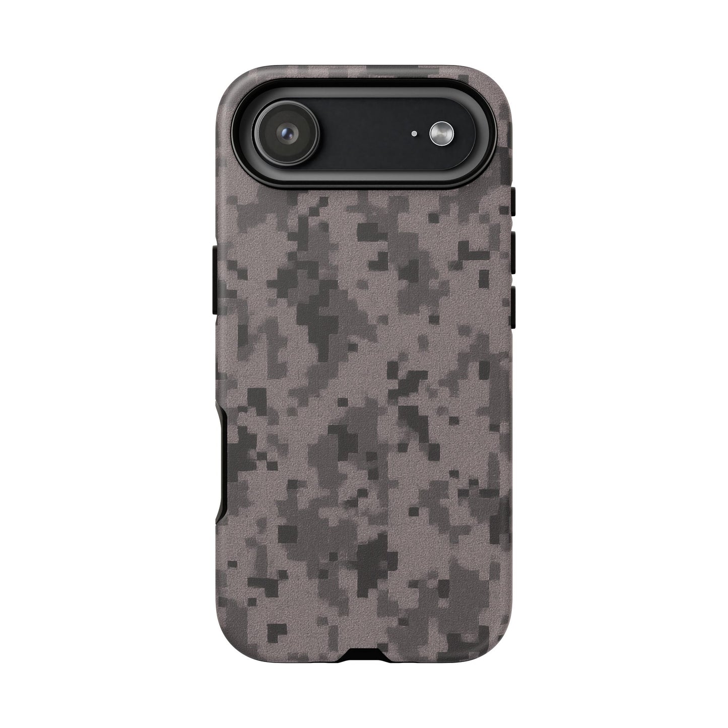 Gray digital camouflage phone case by Printify, tough protective cover designed for durable style.
