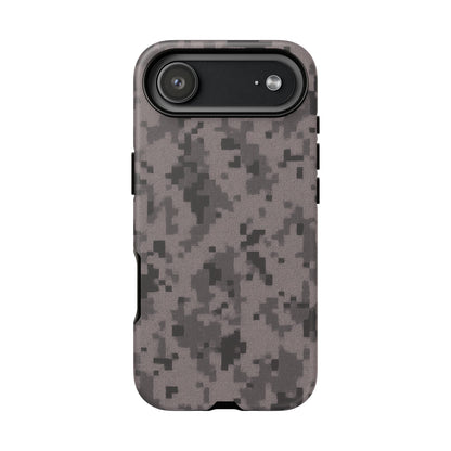 Gray digital camouflage phone case by Printify, tough protective cover designed for durable style.