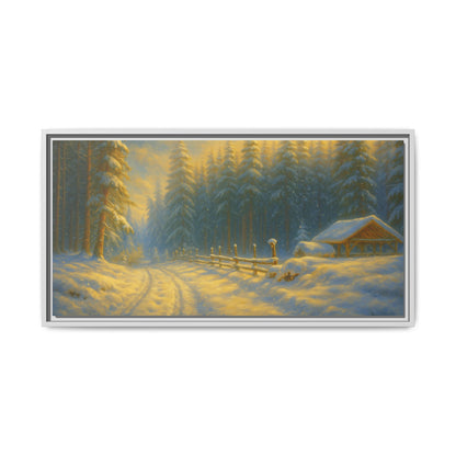 Framed winter cabin canvas print by Printify showing a snowy forest sunset scene wall art for home decor.
